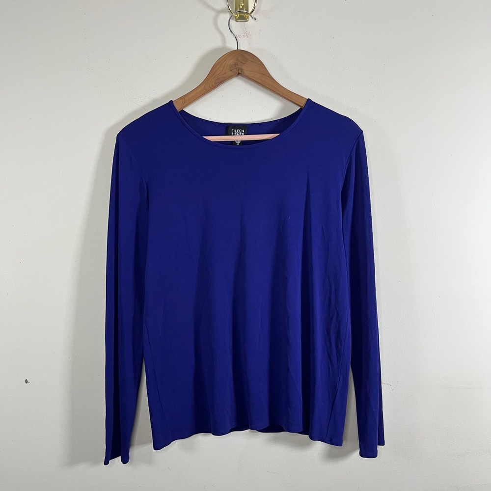 Eileen Fisher 100% Silk Long Sleeve Shirt Royal Blue Size Medium Minimalist Chic